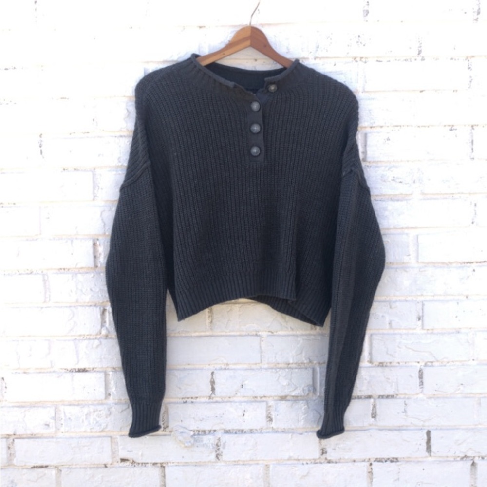 Smoky Grey Cropped American Eagle Sweater with Button Detail